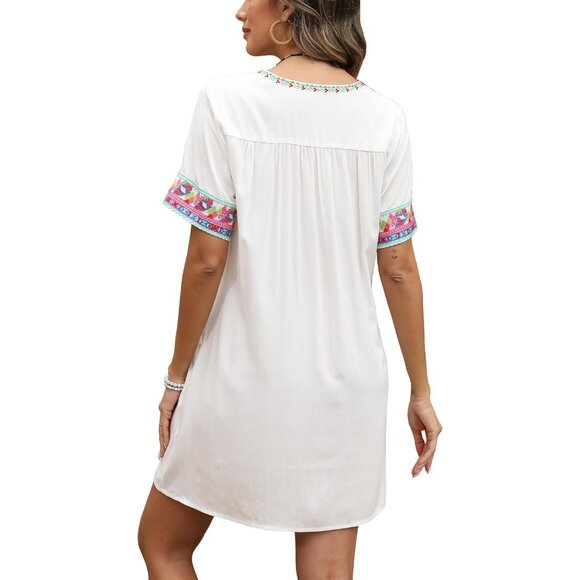 Mexican Boho Dress Women Cotton Short Sleeve Pockets Fiesta Summer Plus Size - Picture 2 of 5